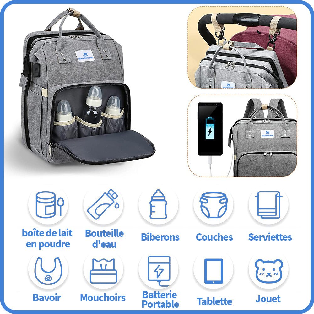 Sac à Langer 3 en 1 : Lit Bébé Portable et Chargeur intégré - Doux Berceau