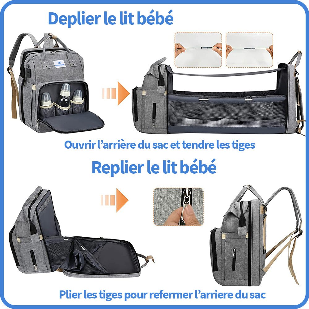 Sac à Langer 3 en 1 : Lit Bébé Portable et Chargeur intégré - Doux Berceau