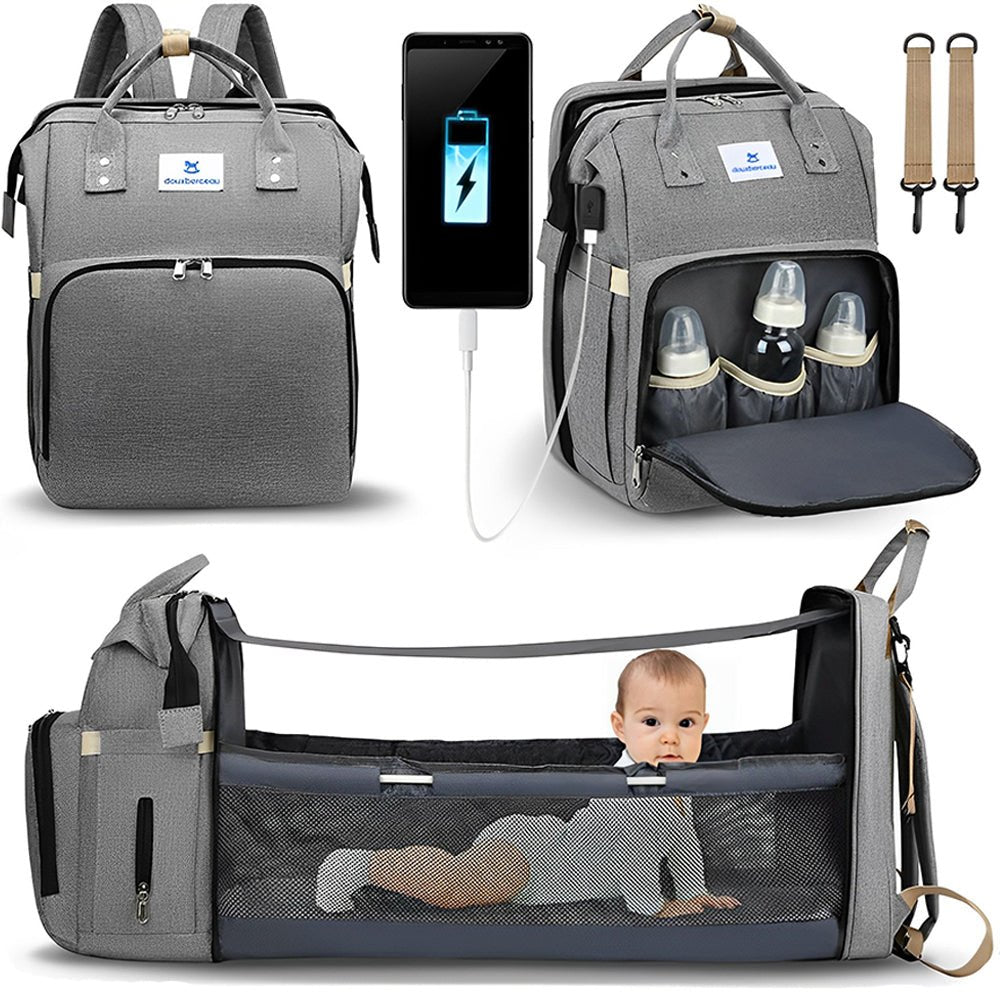 Sac à Langer 3 en 1 : Lit Bébé Portable et Chargeur intégré - Doux Berceau